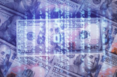 İki kez veri temasına maruz kalınca dolar banknotları arka planda kalıyor. Teknoloji konsepti.
