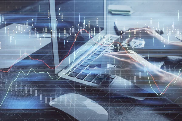 Doppelbelichtung von Frauenhänden beim Tippen auf Computer- und Forex-Diagramm-Hologrammzeichnung. Börseninvestitionskonzept. — Stockfoto