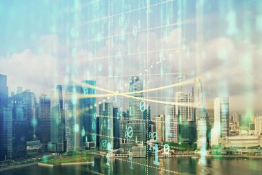 Veri temalı hologram gökdelenler arka planda çoklu pozlama ile şehir görünümüne çizim yapıyor. Büyük veri kavramı.