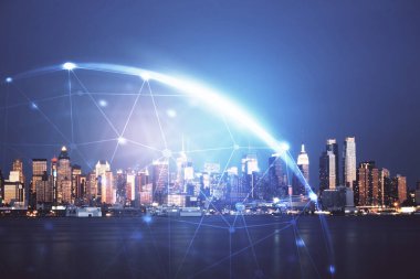 Sosyal ağ tema çizimi ve şehir manzarası arka planının çoklu pozlandırılması. Bağlantı insanları kavramı.