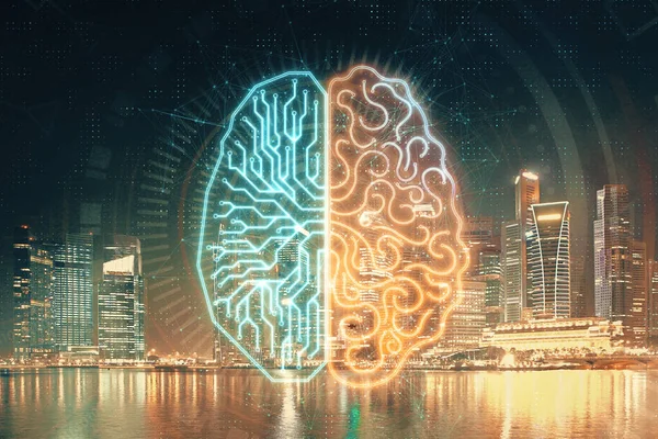 Brain hologram drawing on city scape background Double exposure. Koncept brainstorming. — Stock fotografie