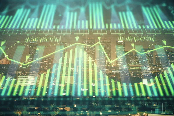 Data tema hologram ritning på stadsbilden med skyskrapor bakgrund multi exponering. Ai-konceptet. — Stockfoto