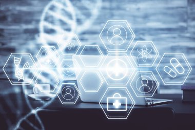 Masaüstü bilgisayar arkaplanı ve DNA çizimi. Çifte maruziyet. Bilim konsepti.