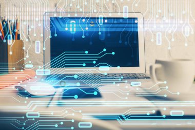 Arka planda kişisel bilgisayarı ve teknik tema çizimi olan iki kat masaüstü görüntüsü. Büyük Veri Kavramı.