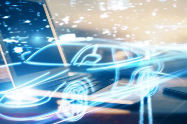 Otomobil hologramı çizimi olan masaüstü bilgisayar arkaplanı. Çoklu maruz kalma. Teknoloji kavramı.