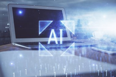 Bilgisayar ve teknoloji temalı holograma çifte maruz kalma. Serbest çalışma kavramı.