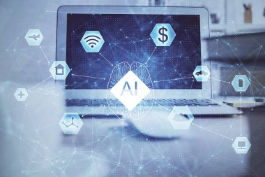 Teknoloji temalı çizim ve bilgisayarla çalışma alanı. Çoklu maruz kalma. Yenilik kavramı.