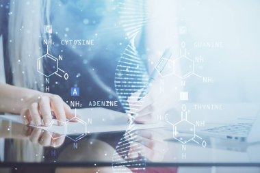 Kadınların el yazısı üzerine DNA temalı hologram. Eğitim kavramı. Çift pozlama