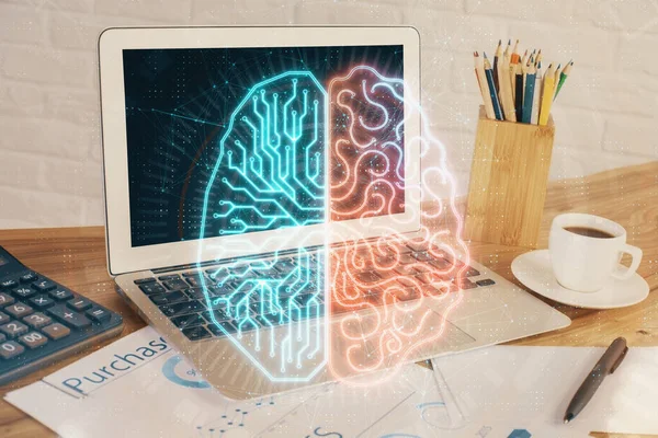 Dubbele blootstelling van desktop met computer en hersenen tekenen hologram. Concept van kunstmatige intelligentie. — Stockfoto