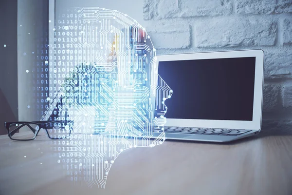 Mehrfachbelichtung des Arbeitsplatzes mit Computer und menschlichem Gehirn-Hologramm. Brainstormkonzept. — Stockfoto