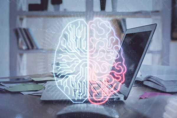 Multiexposure van werktafel met computer en hersenhologram. Brainstormconcept. — Stockfoto