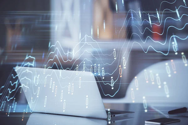 Stock market graph and table with computer background. Double exposure. Concept of financial analysis. — Stock Photo, Image