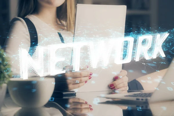 Multi exposición de las mujeres escribiendo mano sobre fondo con hud tecnología de datos. Concepto Big data. — Foto de Stock