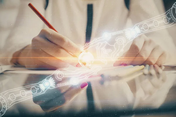 Doble exposición de las mujeres escribiendo mano sobre fondo con hud tecnología de datos. Concepto Big data. —  Fotos de Stock