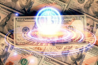 Şifreli temanın çoklu pozu bize dolar banknotları arkaplanı çiziyor. Engelleme zinciri başarısı kavramı.