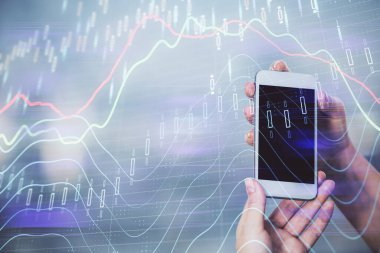 Ön x grafik çizimine çift pozlama hologram ve cep telefonu kullanan bir kadın. Borsa konsepti.