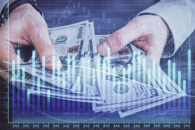 Finansal grafiğe çoklu pozlama hologram, Amerikan dolarları ve insan eli. Analiz kavramı.
