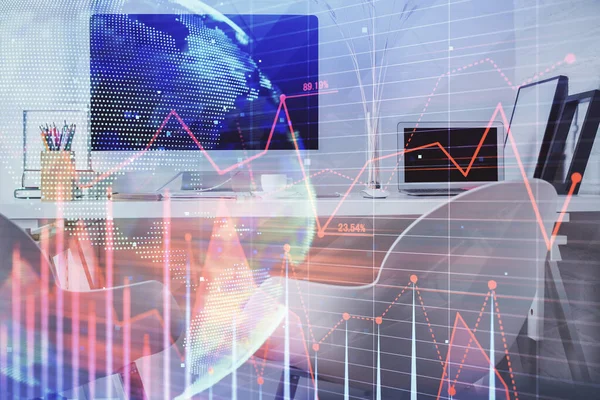 Dvojitá expozice grafu akciového trhu a pozadí interiéru kanceláře. Koncepce finanční analýzy. — Stock fotografie