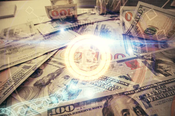 私たちの上に描かれた暗号テーマのマルチ露出ドル紙幣の背景。ブロックチェーンの成功の概念. — ストック写真