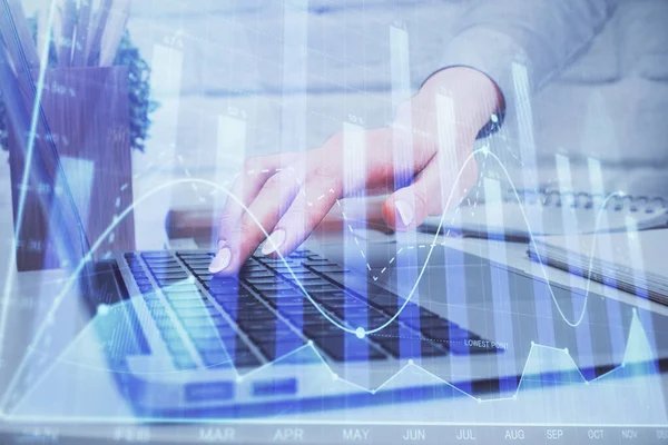 Multi exposure of woman hands typing on computer and forex chart hologram drawing. Stock market analysis concept. — Stock Photo, Image