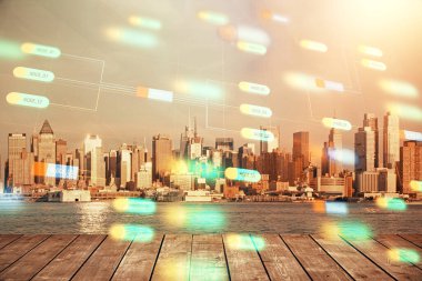 Veri temalı hologram gökdelenlerin arka planında çift pozlama ile şehir görünümüne çizim yapıyor. Teknoloji konsepti.