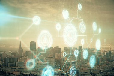 Veri temalı hologram gökdelenlerin arka planında çift pozlama ile şehir görünümüne çizim yapıyor. Teknoloji konsepti.