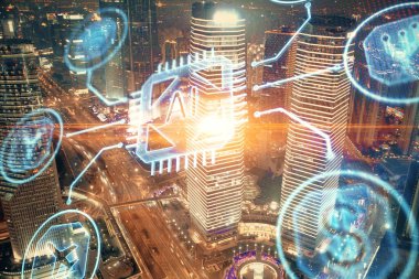 Veri temalı hologram gökdelenler arka planda çoklu pozlama ile şehir görünümüne çizim yapıyor. Ai kavramı.