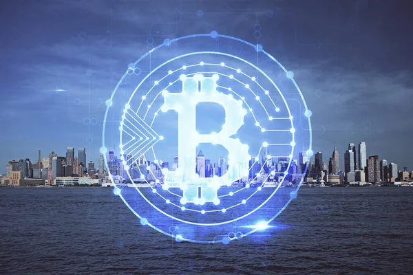 Kripto para birimi temalı hologram çizimi ve şehrin veiw arka planına çift pozlama. Engelleme zinciri ve bitcoin kavramı.