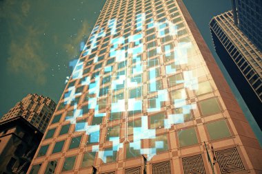 Veri temalı hologram gökdelenler arka planda çoklu pozlama ile şehir görünümüne çizim yapıyor. Büyük veri kavramı.