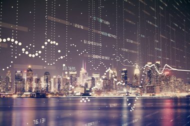 Veri temalı hologram gökdelenler arka planda çoklu pozlama ile şehir görünümüne çizim yapıyor. Ai kavramı.