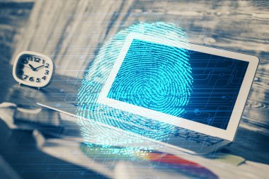 Ofisteki bilgisayarın parmak izi çizimi. Çifte maruziyet. İş veri güvenliği kavramı.