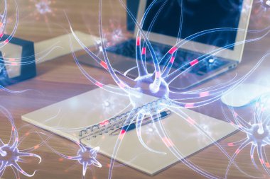 Masaüstü bilgisayar arkaplanı ve nöron çizimi. Çifte maruziyet. Eğitim kavramı.