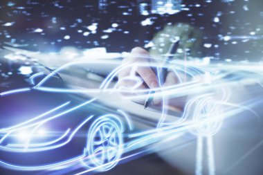 Teknik otomatik pilot temalı hologram, kadınların elleri üzerinde not alıyor. Yüksek teknoloji kavramı. Çift pozlama