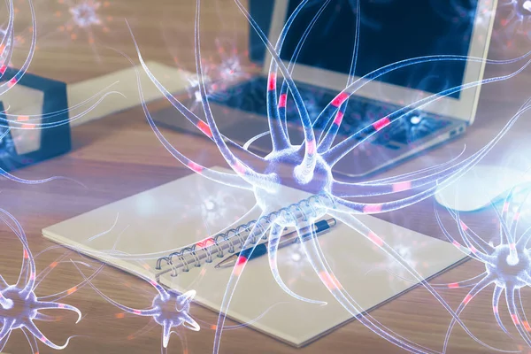 Masaüstü bilgisayar arkaplanı ve nöron çizimi. Çifte maruziyet. Eğitim kavramı.