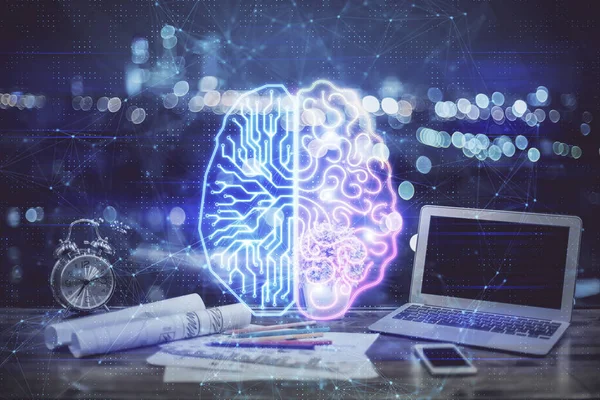 Bilgisayar ve beyin hologramı ile çalışma masasının çoklu açığı. Beyin fırtınası konsepti. — Stok fotoğraf