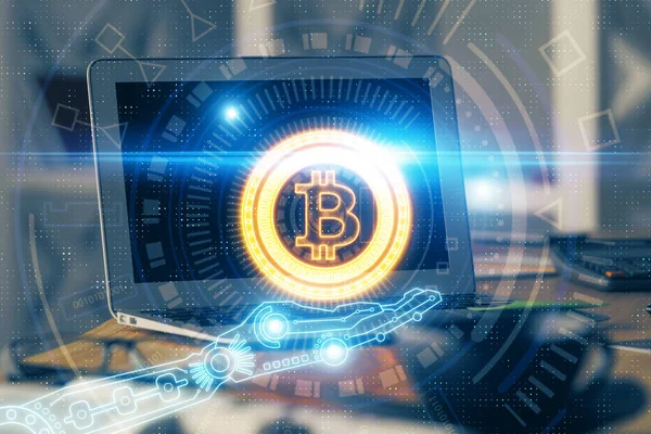 Multi exponering av blockchain tema hologram och tabell med datorbakgrund. Begreppet bitcoin crypto valuta. — Stockfoto
