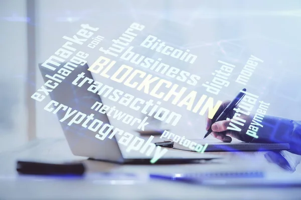 Blockchain theme hologram with man working on computer on background. Concept of crypto chain. Double exposure. — Stock Photo, Image