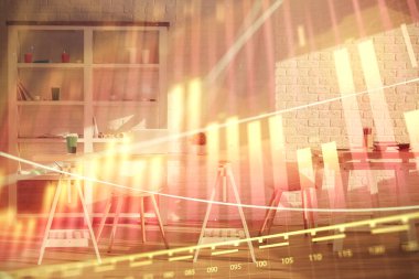 Finansal grafik çizimine ve ofis içi arka planına çifte maruz kalma. Borsa konsepti.