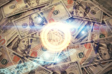 Şifreli temanın çoklu pozu bize dolar banknotları arkaplanı çiziyor. Engelleme zinciri başarısı kavramı.