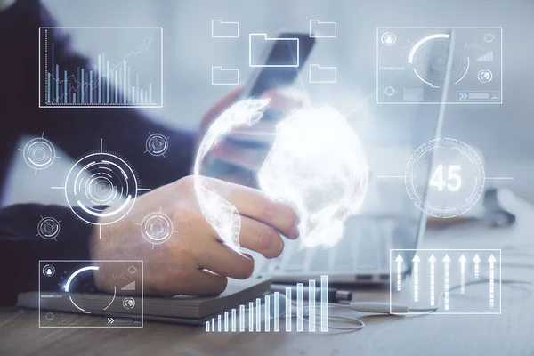 Double exposure of mans hands holding and using a phone and financial graph drawing. Analysis concept. — Stock Photo, Image