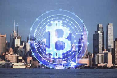Kripto para birimi temalı hologram çizimi ve şehrin veiw arka planına çift pozlama. Engelleme zinciri ve bitcoin kavramı.