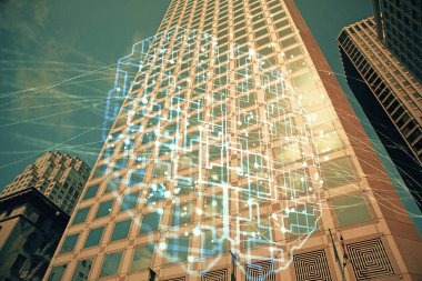 Şehrin arka planına beyin hologramı çizimi. Çifte maruz kalma. Beyin fırtınası konsepti.