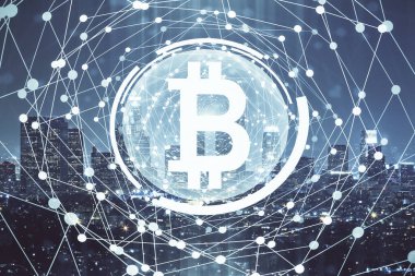 Kripto para birimi temalı hologram çizimine ve şehrin arka planına çoklu maruz kalma. Engelleme zinciri ve bitcoin kavramı.
