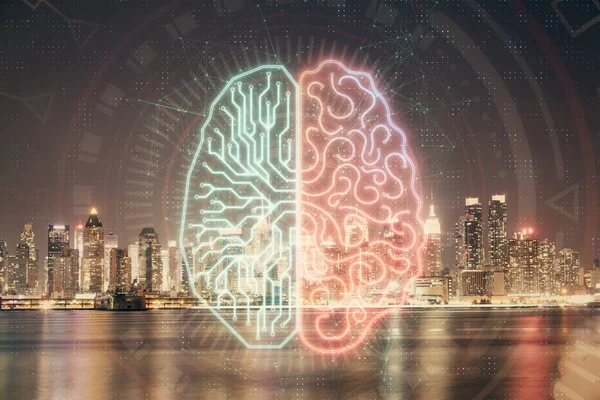 Brain hologram drawing on city scape background Double exposure. Konsep brainstorming. — Stok Foto