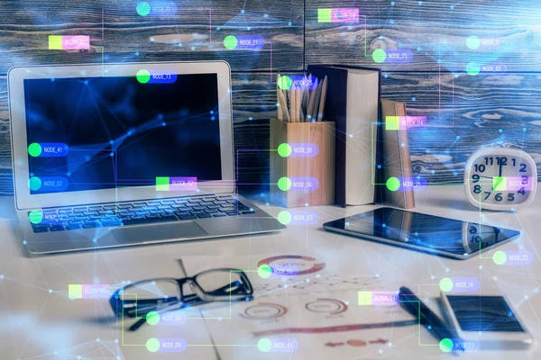 Multi exposure of desktop with computer on background and tech theme drawing. Concept of big data. — Stock Photo, Image