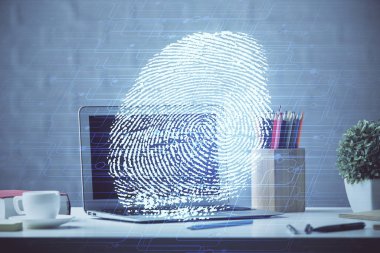 Ofisteki bilgisayarın parmak izi çizimi. Çifte maruziyet. İş veri güvenliği kavramı.