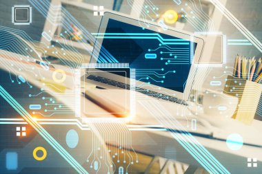 Arka planda kişisel bilgisayarı ve teknik tema çizimi olan iki kat masaüstü görüntüsü. Büyük Veri Kavramı.