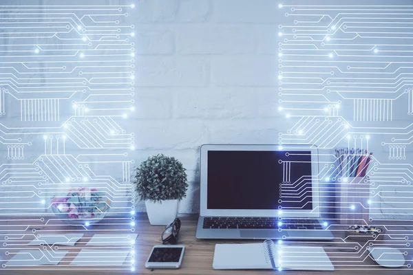 Ordenador en el escritorio en la oficina con la tecnología tema holograma. Doble exposición. Concepto técnico. — Foto de Stock