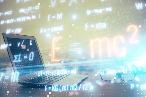 Desktop computer background and formula hologram writing. Double exposure. Education concept. — Stock Photo, Image