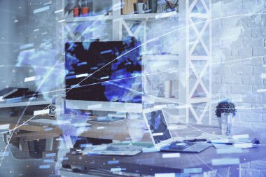 Bilgisayarın arka plan ve teknoloji temalı çizimlerine çoklu maruz kalma. Yenilik kavramı.